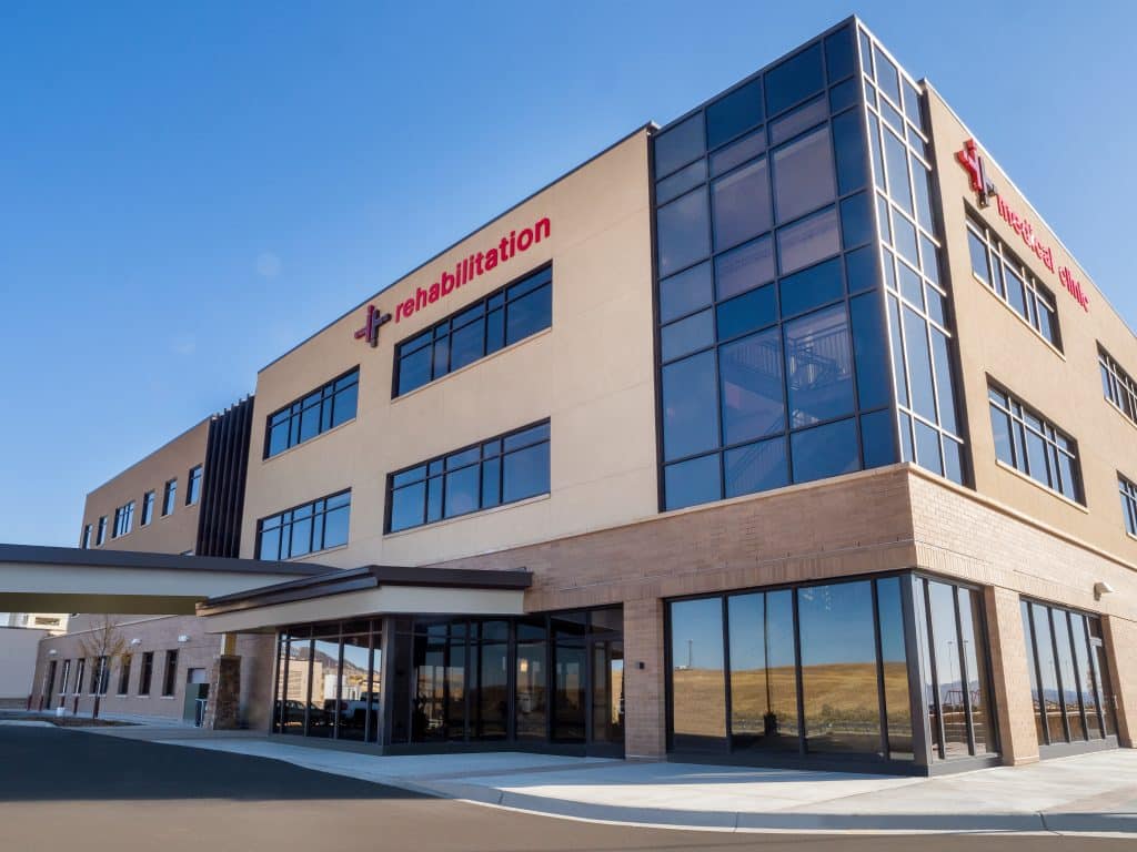 Worm's eye view of multistory medical clinic