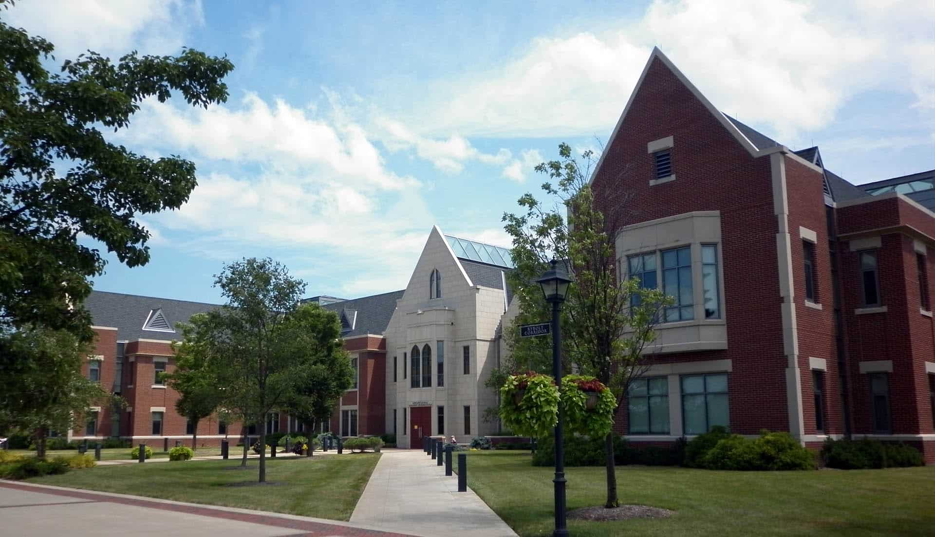 Multistory brick building with walkways