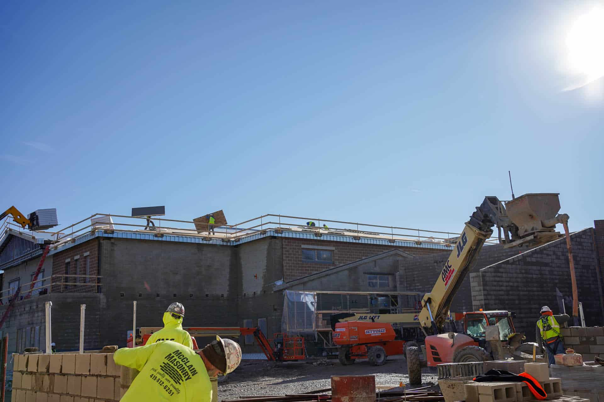 Active construction site of cement brick building