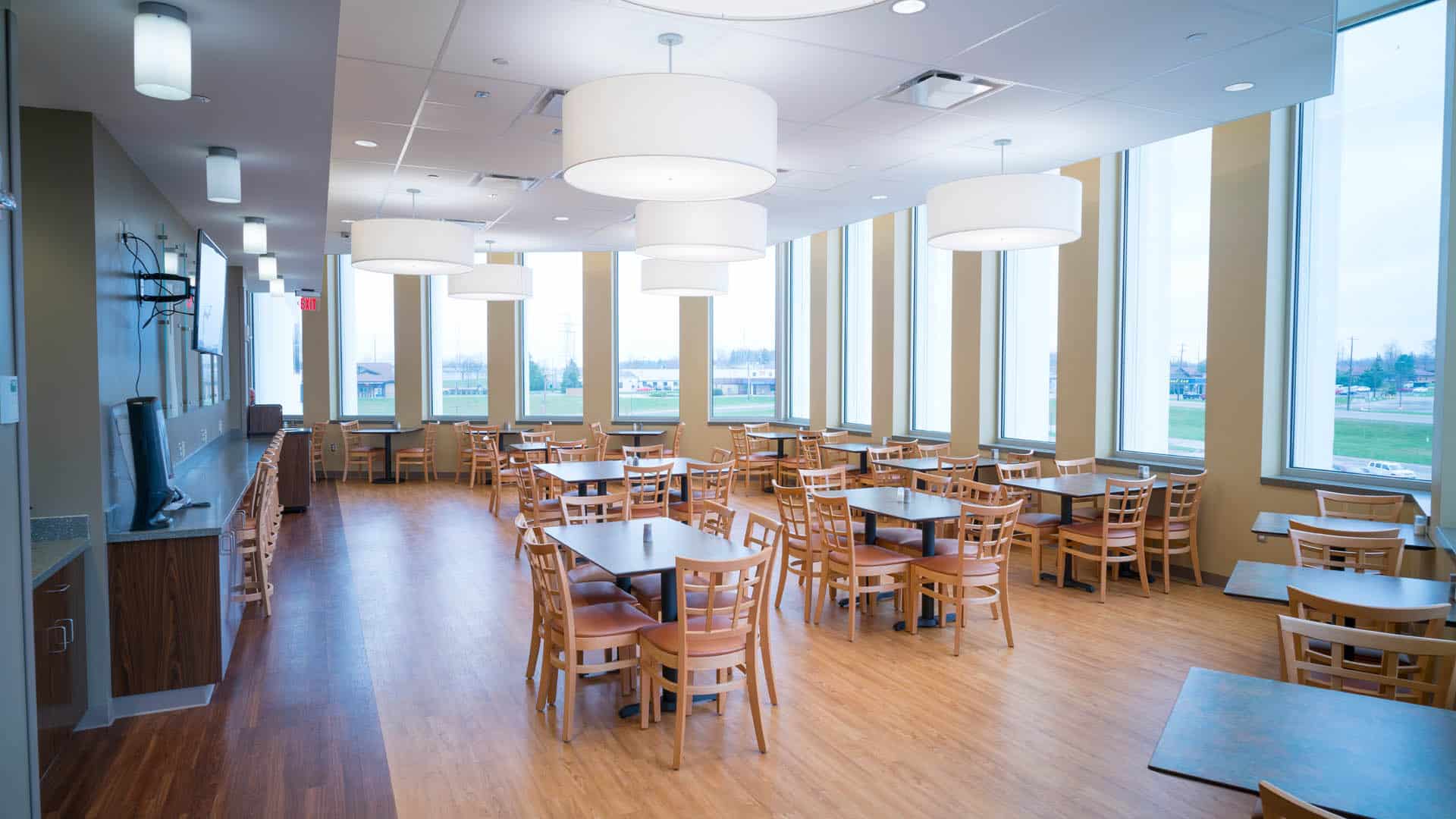 Tables and chairs in cafeteria
